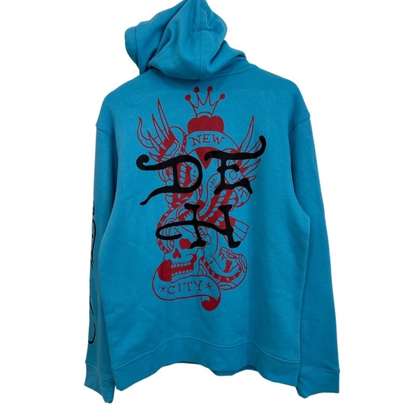 Ed Hardy Flames Skull Tattoo Pullover Sweatshirt Hoodie Turquoise Blue Large NWT - Picture 9 of 9